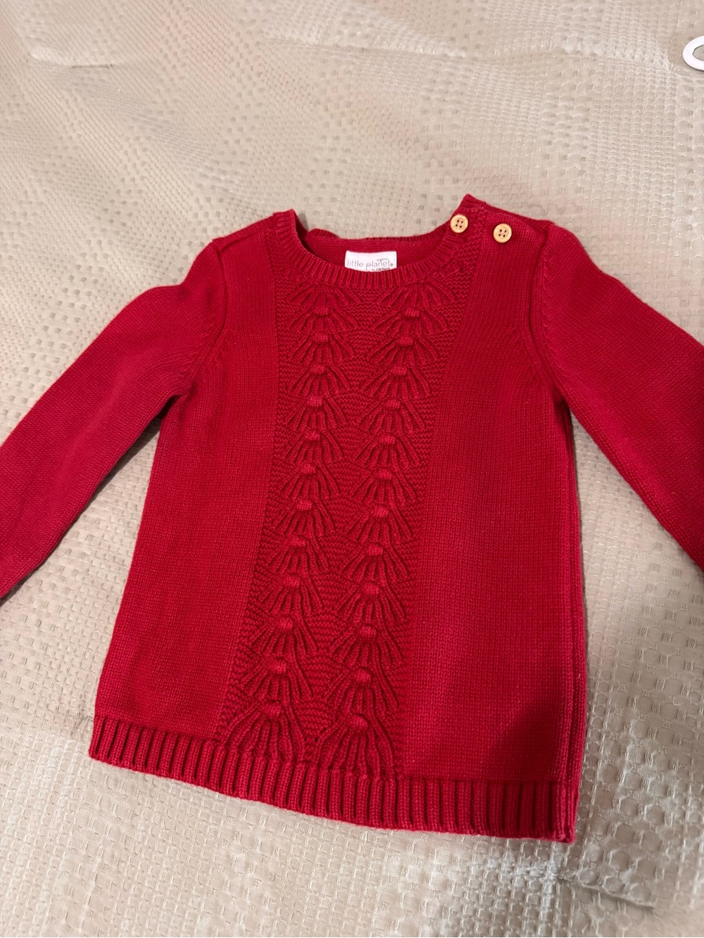Cable-Knit Crew Neck Sweater in Red with Shoulder Buttons